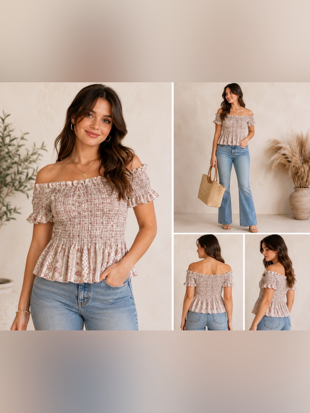 Japna Medium Smocked Floral Peplum Top Off Shoulder Boho Cottagecore Rayon